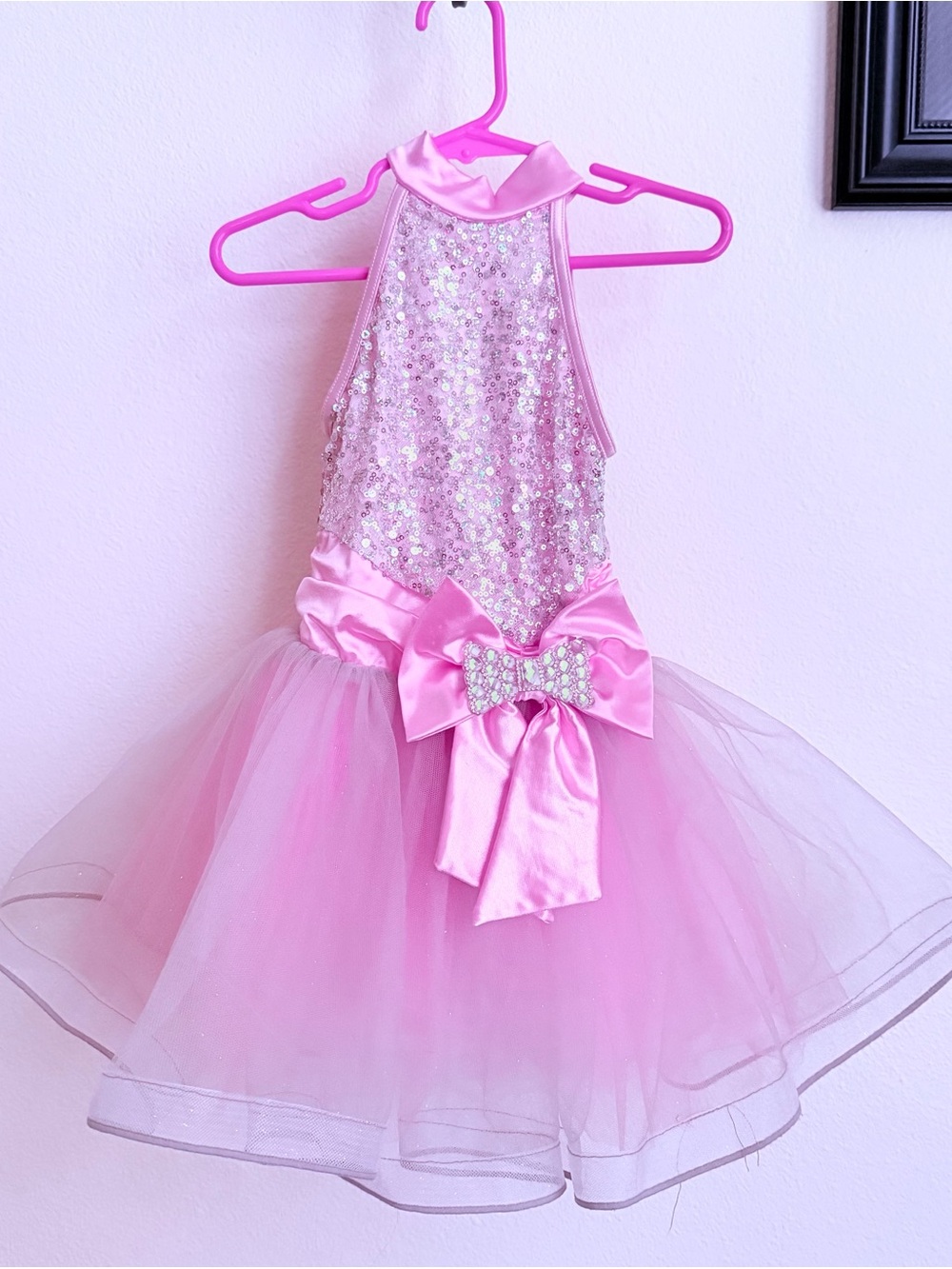Pink sequin and tulle dress/tutu with bow detail and hairpiece!